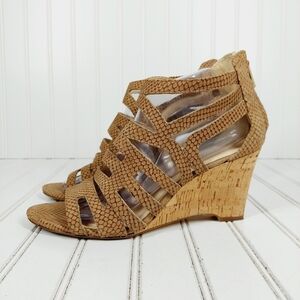 Nine West Canary Tan Leather Slip On Strappy Back Zip Nubuck Wedge Sandals I900